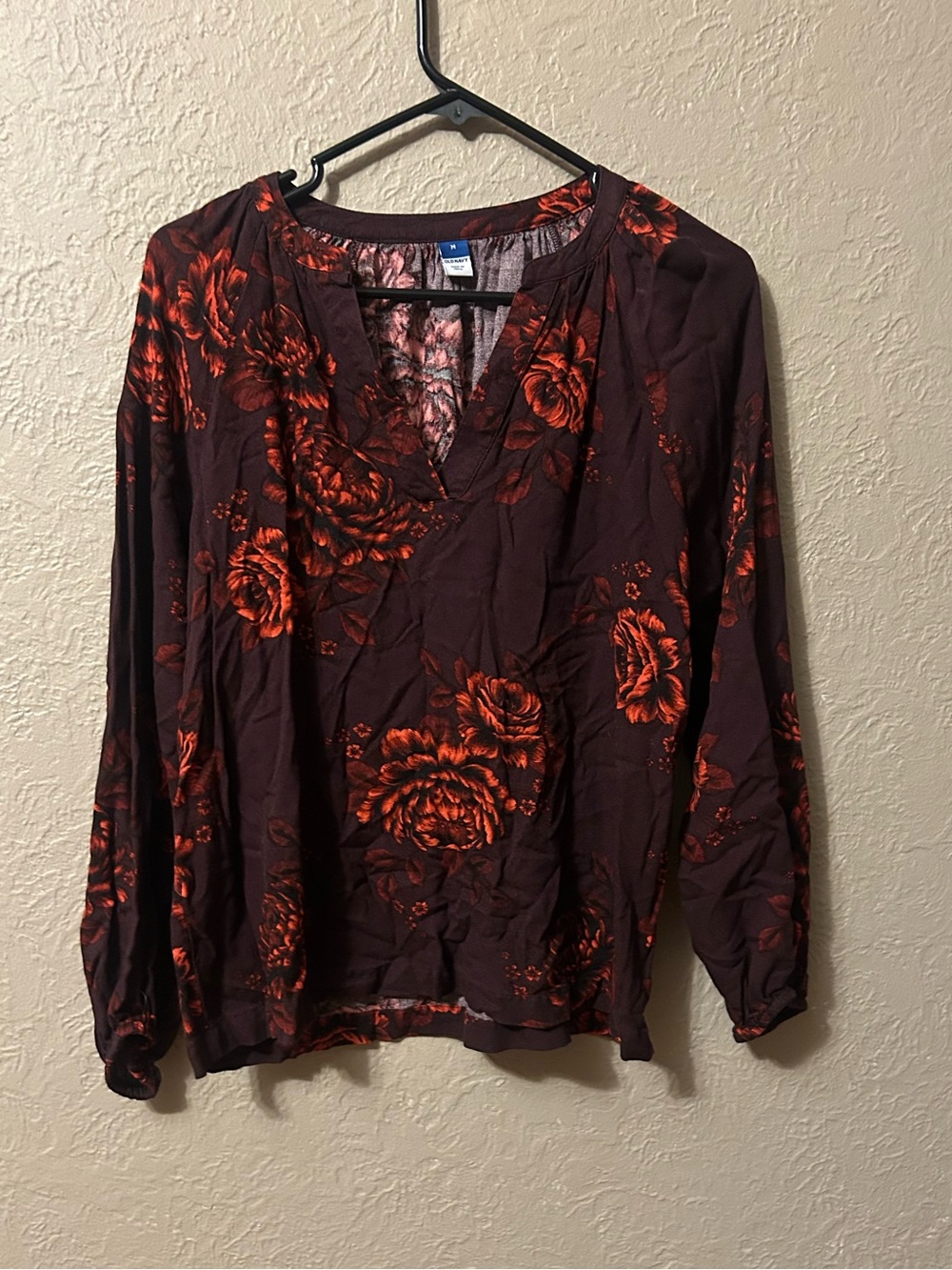 Old Navy Burgundy Blouse with Red Floral Print